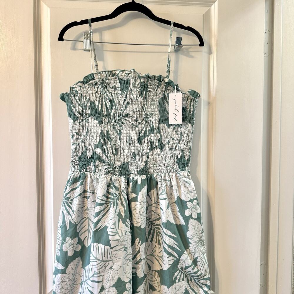 Listicle Petal & Pup Jumpsuit Large Green Floral Smocked Wide Leg Cottagecore